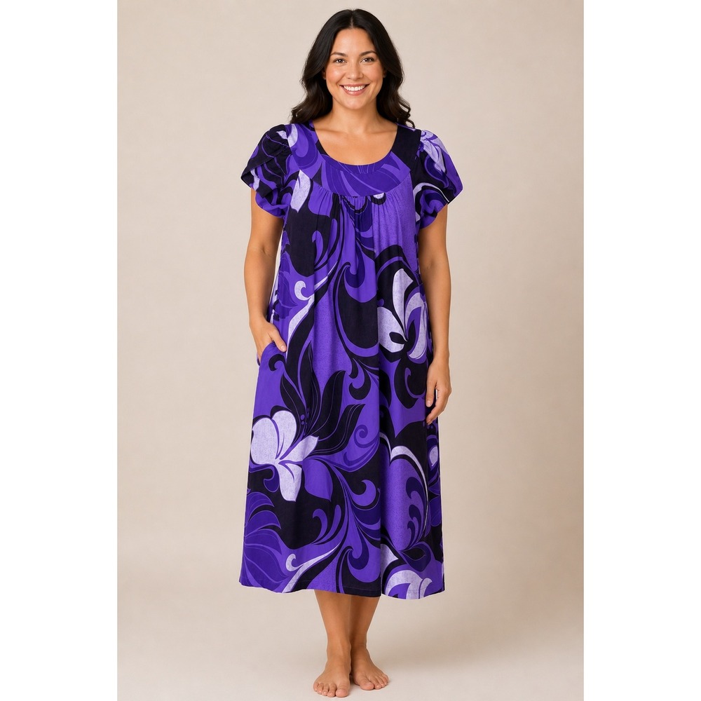 Hawaiian Flavor Purple Floral Muumuu Dress Boho Coastal‎ Tropical Cotton XL